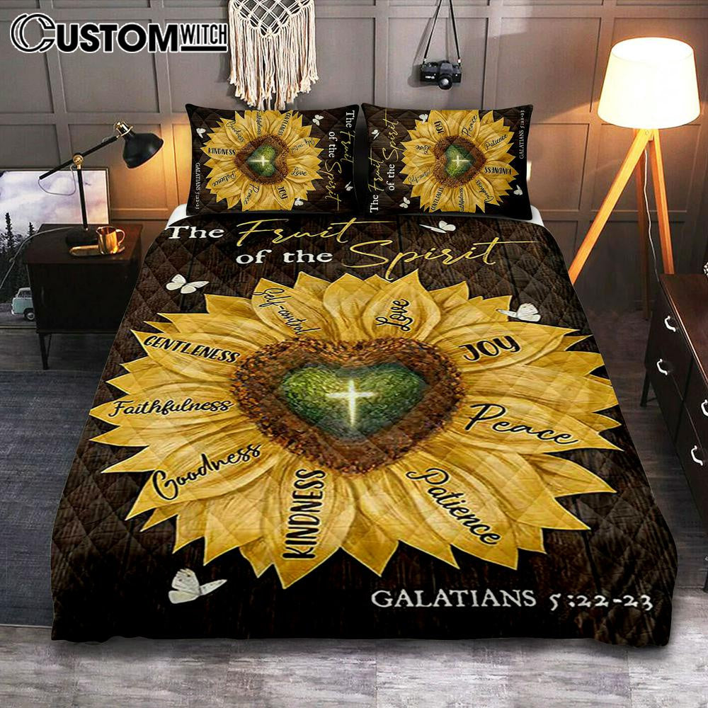 The Fruit Of The Spirit Sunflower Heart Shape Cross Quilt Bedding Set Bedroom - Bible Verse Quilt Bedding Set Art - Christian Home Decor