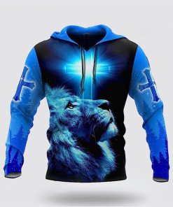 The King Lion Cross Light Blue 3D Hoodies For Women Men, God 3D Printed Hoodie, Christian Apparel Hoodies