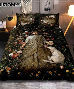 The Life Of Jesus And White Sheep Flower Garden Quilt Bedding Set Print - Inspirational Quilt Bedding Set Art - Christian Bedroom Home Decor