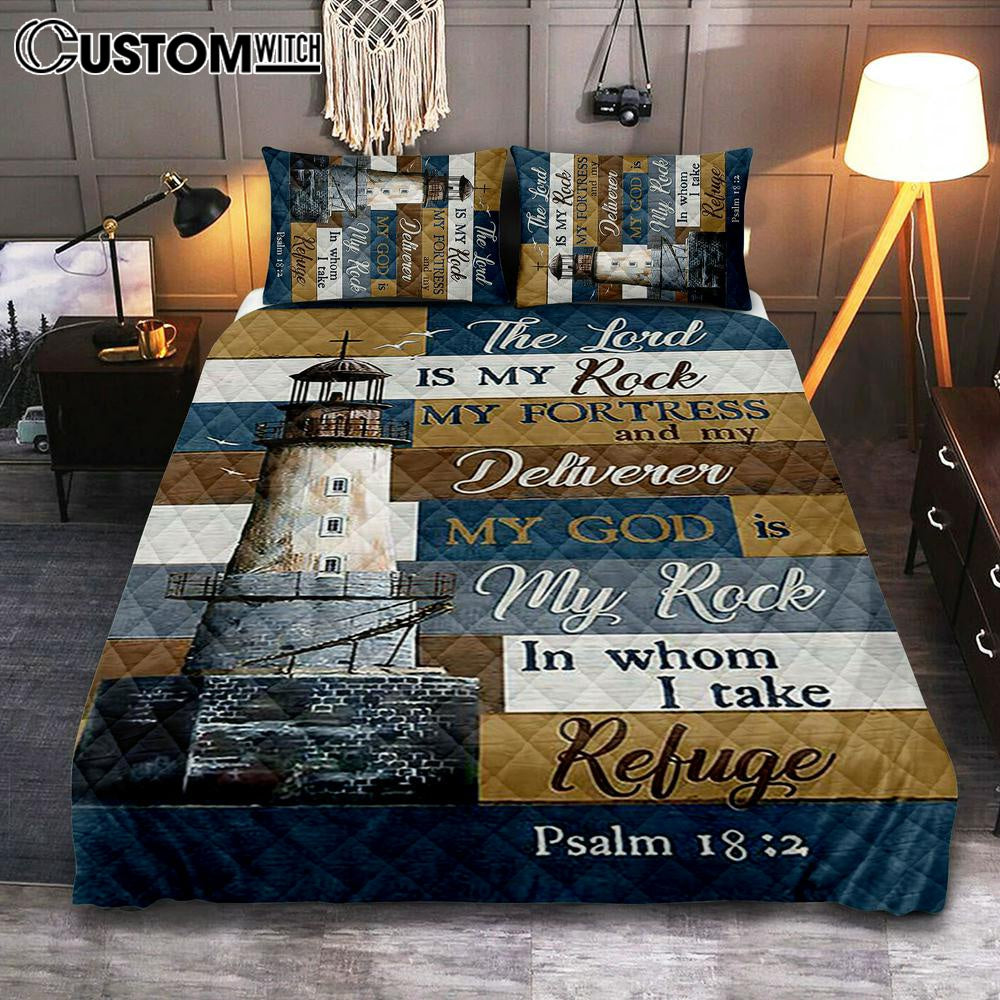 The Lord Is My Rock Lighthouse Wood Cross Quilt Bedding Set Print - Inspirational Quilt Bedding Set Art - Christian Bedroom Home Decor