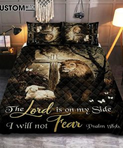 The Lord Is On My Side Quilt Bedding Set - Lion Lamb Of God Wooden Cross Quilt Bedding Set Print - Inspirational Quilt Bedding Set Art - Christian Bedroom Home Decor