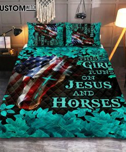 This Girl Runs On Jesus And Horses America Horse Cross Quilt Bedding Set Prints - Jesus Christ Quilt Bedding Set Art - Christian Cover Twin Bedding Decor