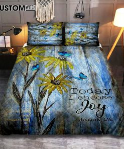 Today I Choose Joy Blue Butterfly Sunflower Quilt Bedding Set Bedroom - Bible Verse Quilt Bedding Set Art - Christian Home Decor