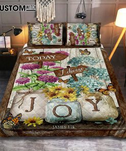 Today I Choose Joy Blue Hydrangea Butterfly Quilt Bedding Set Bedroom - Bible Verse Quilt Bedding Set Art - Christian Home Decor