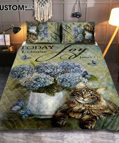 Today I Choose Joy Blue Hydrangea Pretty Cat Butterfly Quilt Bedding Set Bedroom - Bible Verse Quilt Bedding Set Art - Christian Home Decor