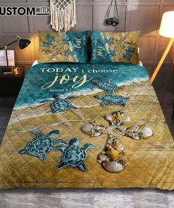 Today I Choose Joy Blue Turtle Cross Quilt Bedding Set Bedroom - Bible Verse Quilt Bedding Set Art - Christian Home Decor