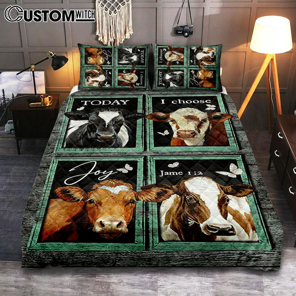 Today I Choose Joy Cow Mint Window Butterfly Quilt Bedding Set Bedroom - Bible Verse Quilt Bedding Set Art - Christian Home Decor