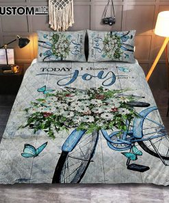 Today I Choose Joy Daisy Flower Blue Bicycle Butterfly Quilt Bedding Set Print - Inspirational Quilt Bedding Set Art - Christian Bedroom Home Decor