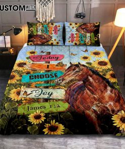 Today I Choose Joy Horse Sunflower Field Monarch Butterfly Quilt Bedding Set Bedroom - Christian Quilt Bedding Set Prints - Bible Verse Quilt Bedding Set Art