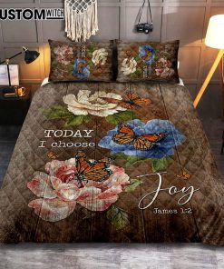 Today I Choose Joy Monarch Butterfly Camellia Quilt Bedding Set - Christian Bedroom - Religious Home Decor