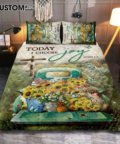Today I Choose Joy Quilt Bedding Set - Sunflower Car Flower Field Wooden Cross Quilt Bedding Set Art - Christian Art - Bible Verse Bedroom - Religious Home Decor