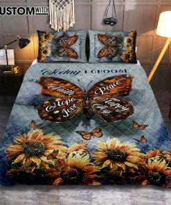 Today I Choose Peace Brown Butterfly Sunflower Quilt Bedding Set Print - Inspirational Quilt Bedding Set Art - Christian Bedroom Home Decor