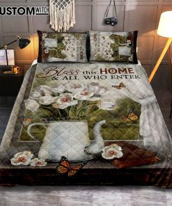 Tulip Butterfly Bless This Home Quilt Bedding Set Art - Christian Art - Bible Verse Bedroom - Religious Home Decor