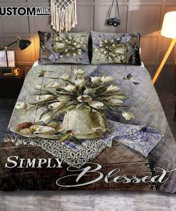 Tulip Vase Hummingbird Still Life - Simply Blessed Quilt Bedding Set Bedroom - Bible Verse Quilt Bedding Set Art - Christian Home Decor
