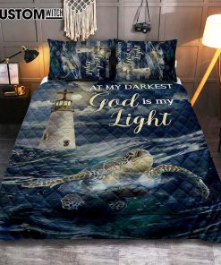 Turtle Blue Ocean Lighthouse God Is My Light Quilt Bedding Set Art - Christian Art - Bible Verse Bedroom - Religious Home Decor