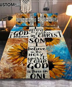 Unique Sunflower White Cross Our God Is Three In One Quilt Bedding Set Art - Christian Art - Bible Verse Bedroom - Religious Home Decor