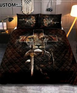 Warrior Black Lion Cross Quilt Bedding Set Art - Christian Art - Bible Verse Bedroom - Religious Home Decor