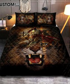 Warrior Of God Three Wooden Crosses Great Lion Of Judah Quilt Bedding Set Print - Inspirational Quilt Bedding Set Art - Christian Bedroom Home Decor