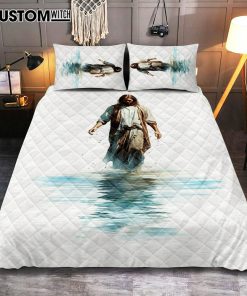 Water Color Jesus Walking On The Water Quilt Bedding Set Prints - Jesus Quilt Bedding Set Art - Christian Bedroom Decor