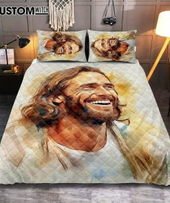 Watercolor Jesus Laughing Quilt Bedding Set Prints - Jesus Quilt Bedding Set Art - Christian Bedroom Decor