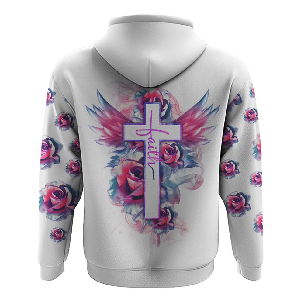 Watercolor Rose Faith Cross White All Over Print 3D Hoodie, Christian Hoodie, Christian Sweatshirt, Bible Verse Shirt
