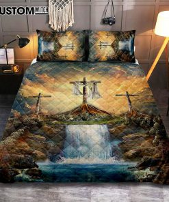 Waterfall Painting Light From Heaven The Three Crosses Quilt Bedding Set Art - Christian Art - Bible Verse Bedroom - Religious Home Decor