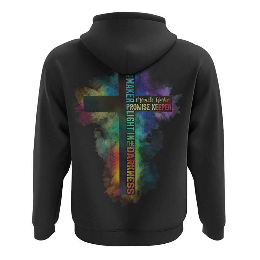 Way Maker Miracle Worker Half Cross Colorful Watercolor All Over Print 3D Hoodie, Christian Hoodie, Christian Sweatshirt, Bible Verse Shirt