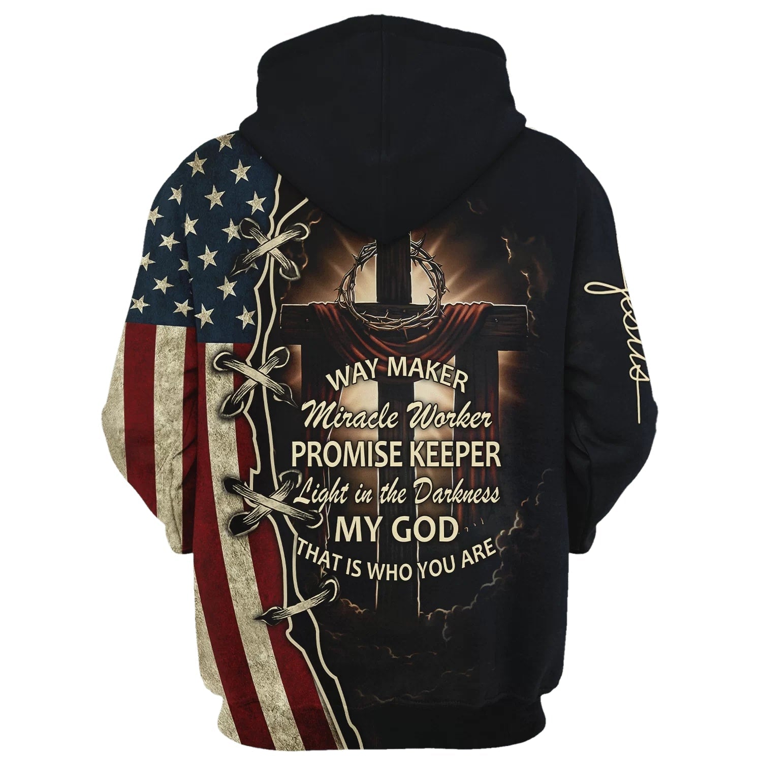 Way Maker Miracle Worker Promise Keeper Light In The Darkness, American Flag Crown Of Thorns Cross God 3D Printed Hoodie, Christian Apparel Hoodies