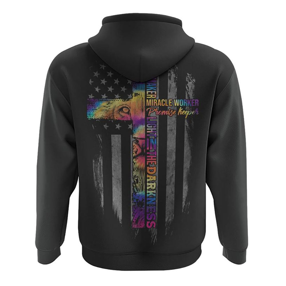 Way Maker Miracle Worker Promise Keeper Lion Cross Tie Dye Flag All Over Print 3D Hoodie, Christian Hoodie, Christian Sweatshirt, Bible Verse Shirt