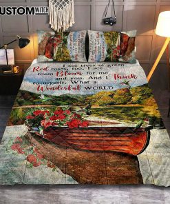 What A Wonderful World Boat Red Rose Lake Quilt Bedding Set Bedroom - Christian Quilt Bedding Set Prints - Bible Verse Quilt Bedding Set Art