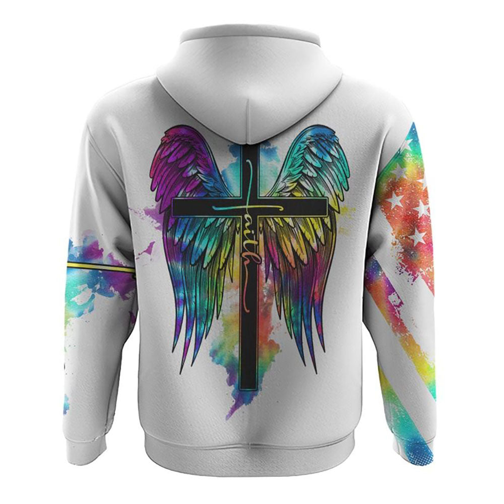 White Faith Cross Wings Colorful Watercolor All Over Print 3D Hoodie, Christian Hoodie, Christian Sweatshirt, Bible Verse Shirt