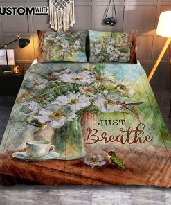 White Flower Hummingbird - Just Breathe Quilt Bedding Set Art - Christian Art - Bible Verse Bedroom - Religious Home Decor