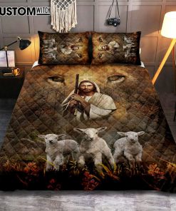 White Lamb Lion's Eyes Walking With Jesus Quilt Bedding Set Bedroom - Christian Quilt Bedding Set Prints - Bible Verse Quilt Bedding Set Art
