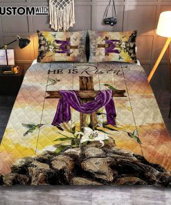Wooden Cross Lily Flower Hummingbird He Is Risen Quilt Bedding Set Art - Christian Art - Bible Verse Bedroom - Religious Home Decor