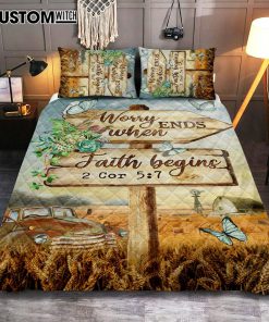 Worry Ends When Faith Begins Old Car Butterfly Countryside Quilt Bedding Set Prints - Christian Cover Twin Bedding Decor - Bible Verse Quilt Bedding Set Art