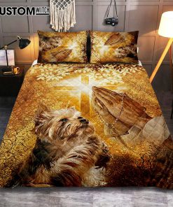 Yorkshire Terrier Dog Jesus Praying Hand Light Cross Quilt Bedding Set Cover Twin Bedding Decor - Christian Bedroom - Gift For Dog Lover