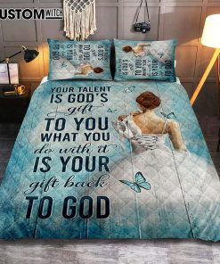 Your Talent Is God's Gift Ballet White Dress Blue Butterfly Quilt Bedding Set Bedroom - Christian Quilt Bedding Set Prints - Bible Verse Quilt Bedding Set Art